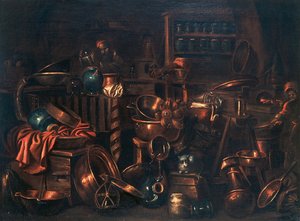 錬金術師の実験室」ジャン・ドメニコ・ヴァレンティーノ（1630-1708）の絵画、イタリア 作： Giovan Domenico Valentino