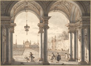 バロック様式の列柱から庭園への眺め、1760年〜1768年 作： Giovanni Antonio Canal