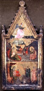 T-B: 「受胎告知の天使」、「羊飼いたちへの降誕と受胎告知」、「マギの崇拝」、二部作の左翼（パネルにテンペラ 作： Giovanni (attr. to) Baronzio da Rimini