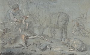 風景の中の死んだ獲物を持つハンター、1600-1800。 作： Giovanni Agostino Cassana
