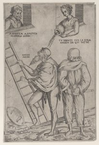 はしごを登る男性、上から水をかけられる女性、1575-99年。 作： Giovanni Ambrogio Brambilla