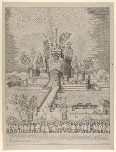 ローマのサンタンジェロ城の「ジランドラ」と呼ばれる花火大会、夜行性...、1579年。 作： Giovanni Ambrogio Brambilla