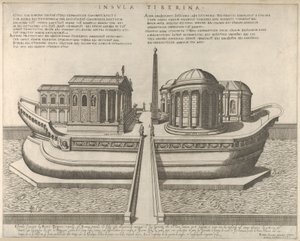 船として表現されたテベレ島の眺め、左にアスクレピオス神殿、1582., 1582. 作： Giovanni Ambrogio Brambilla