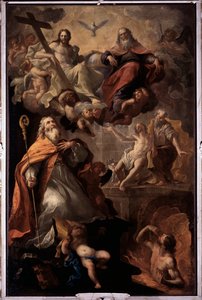 バーリの聖ニコラスと聖なる三位一体の表現 神、イエス・キリスト、聖霊の鳩（バーリの聖ニコラスと聖なる三位一体） アンドレア・カルローネ（1639-1697）の絵画 サンタ・マルゲリータ教会（サンタ・マルゲリータ・リグレ） イタリア