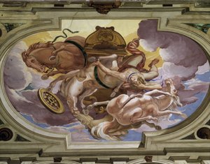 ゼウスの怒りによるフェートン(Phaeton)と天空の馬車の落下 - カルローネ・ル・ジェノワ(1639-1697)が作っただまし絵のフレスコ画 - 中世の古城、カーニュのパーティ会場の天井(06) 作： Giovanni Andrea Carlone