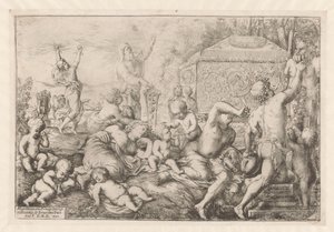 Bacchanal met altaar, faun en Silenus 作： Giovanni Andrea Podesta