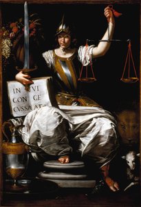 剣と秤を持つ女性の正義のアレゴリー ジョヴァンニ・アンドレア・デ・フェラーリ（1598年頃～1669年）の絵 17世紀 ジェネ、パラッツォ・ビアンコのガレリア 作： Giovanni Andrea di Ferrari