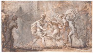 サビニの盾の下で押しつぶされるタルペイア 作： Giovanni Angelo Canini