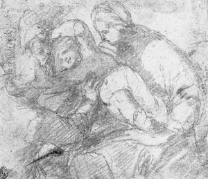 ひざまずく聖人とマドンナと子供 作： Giovanni Angelo Ferrario