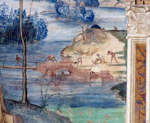 How Saint Maur walks on the water to rescue Placid (Maurus walks on the water to rescue Placid) - Detail アントニオ・バッツィ・ディット・イル・ソドマ(1477-1549)が作った回廊のフレスコ画で、修道会の創設者である聖ベネディクト・オブ・ヌルシー(480 - 567)の生涯が描かれている。 作： Giovanni Antonio Bazzi Sodoma