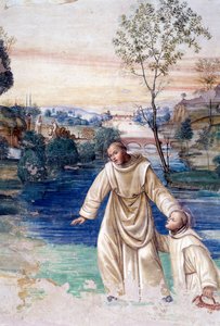 Maur walks on water to rescue st placid 詳細 アントニオ・バッツィ・ディット・イル・ソドマ（1477 - 1549）が描いた、ベネディクト修道会の創設者であるヌルシーの聖ベネディクト（480 - 567）の生涯を描いた回廊のフレスコ画 1503 - 1508 フィレンツェ、モンテ・オリヴェート・マッジョーレ大聖堂 作： Giovanni Antonio Bazzi Sodoma