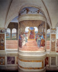 聖ベネディクトがローマの学校を去る様子 アントニオ・バッツィ・ディット・イル・ソドマ（1477 - 1549）が制作した回廊のフレスコ画で、ベネディクト会の創設者であるヌルシーの聖ベネディクト（480 - 567）の生涯を描いている 1503 - 1508年 モンテ・オリヴェート・マッジョーレの修道院。
