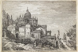 教会、住宅、ミルのある風景 作： Giovanni Antonio Canal