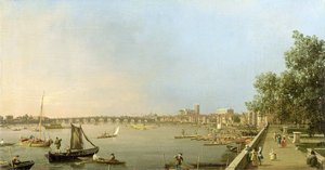 サマセットハウスのテラスからテムズ川を上流、ウェストミンスターとホワイトホールに向けて、1750年頃 作： Giovanni Antonio Canal