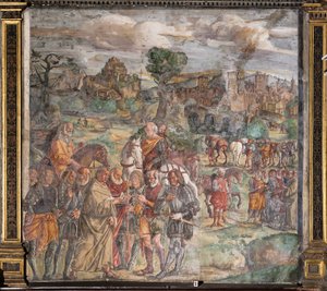 ヴェローナ、聖者の学校で暴君エゼリーノに直面している聖アントニウス 作： Giovanni Antonio Corona