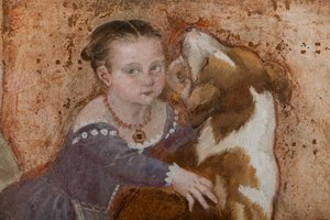 小さな女の子と犬、バンケットの詳細、1570年頃（フレスコ画）