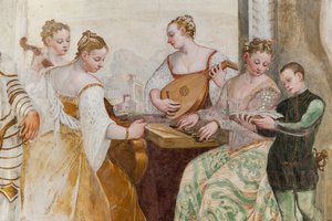 少年と宮廷の女性、コンサートの詳細、メインホール、1570年頃（フレスコ画） 作： Giovanni Antonio Fasolo
