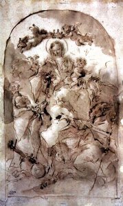 聖ドミニク、聖テレサ、聖コリビアンの聖母子1745年頃（赤いチョークの上に茶色のウォッシュ） 作： Giovanni Antonio Guardi
