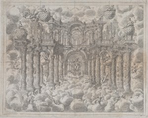 プレート 2 [counterproof]: 雲の中に座っている寓話的な人物がいる舞台セット、...、1690 年。 作： Giovanni Antonio Lorenzini