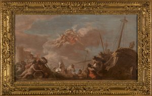 ロワイヤル銀行の天井画：1720年、ルイジアナ産の馬のセーヌ川沿岸への荷揚げ（油彩／カンヴァス（織物） 作： Giovanni Antonio Pellegrini