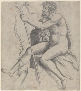 二股の杖を持って座っている男性 作： Giovanni Antonio da Brescia