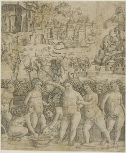風景の中の 2 つの雄羊を持つ 7 つのキューピッド 作： Giovanni Antonio da Brescia