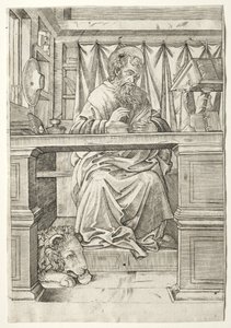 彼の研究における聖ジェローム、c。 1510。 作： Giovanni Antonio da Brescia