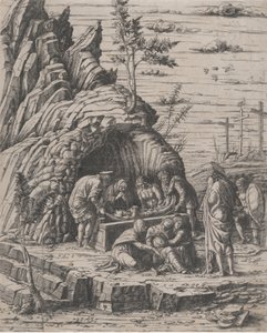 2 人の男性によって石の墓に降ろされているキリストの埋葬...、約。 1470-1500。 作： Giovanni Antonio da Brescia