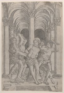 アーケード内に設置された中央の柱に結び付けられたキリストの鞭打ち, 1509., 1509. 作： Giovanni Antonio da Brescia