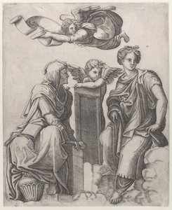 雲の中に座っている 2 人の女性像が天使とその上空を飛んでいる..., ca. 1510-25。 作： Giovanni Antonio da Brescia