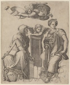 二人のシビュラと天使 作： Giovanni Antonio da Brescia after Raphael