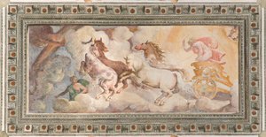 アポロが運転する太陽の戦車、アポロロッジア、1560年頃（フレスコ画） 作： Giovanni Battista and Cambiaso Luca Castello