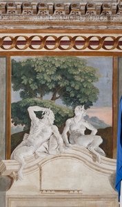 民宿、田園風景の部屋：サテュロスとメナードを表現したモノクロームのフレスコ画 作： Giovanni Battista Tiepolo