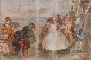 ゲスト宿泊施設、カーニバルシーンの部屋：「パンタローネとコロンビーナ」、マスクのあるシーン 作： Giovanni Battista Tiepolo