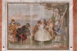 ゲスト宿泊施設、カーニバルシーンの部屋：「パンタローネとコロンビーナ」、マスクのあるシーン 作： Giovanni Battista Tiepolo