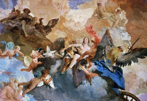 クロノスによるヴィーナスの誘拐、ジャンバッティスタ・ティエポロ（1696-1770）のフレスコ画「太陽の戦車のコース」の細部、タペストリーギャラリー、クレリチ宮殿、ミラノ、ロンバルディア州、イタリア 作： Giovanni Battista Tiepolo