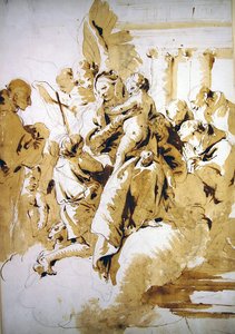 聖母子と天使、聖人、幼い洗礼者ヨハネ（紙にペン、茶インク、ウォッシュ） 作： Giovanni Battista Tiepolo