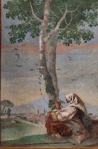 「フォレステリア」からの卵のバスケットを持つ農民の老婆（ゲストハウス） 作： Giovanni Battista Tiepolo