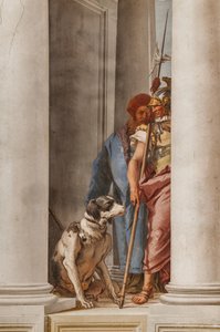 Palazzina (小さな建物)、玄関ホール: 「Aulide のギリシャ艦隊」、犬と兵士を表すディテール 作： Giovanni Battista Tiepolo
