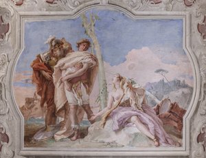Palazzina (小さな建物): 4 番目の部屋または Torquato Tasso のビュー、「Jerusalem Delivered」のエピソードを表すフリースコア付き: 作： Giovanni Battista Tiepolo