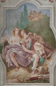 Palazzina (小さな建物): 4 番目の部屋または Torquato Tasso の眺め、「Jerusalem Delivered」のエピソードを表すフリースコ画: 「Rinaldo and Armida in the enchanted garden, in the enchanted garden, in the enchanted garden, in the enchanted garden, in the enchanted garden, in the enchanted garden, 作： Giovanni Battista Tiepolo