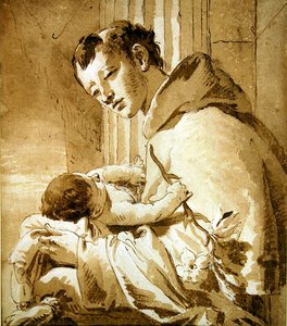 キリストの子を抱く聖アンソニー（ペン、茶インク、ウォッシュ） 作： Giovanni Battista Tiepolo