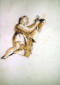 マントを掲げる青年の習作（紙にペン・茶インク・ウォッシュ） 作： Giovanni Battista Tiepolo