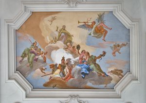 枢機卿の美徳の中に立つ名声によって発表された栄光の勝利 作： Giovanni Battista Tiepolo