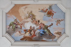 枢機卿の美徳の中に立つ名声によって発表された栄光の勝利 作： Giovanni Battista Tiepolo