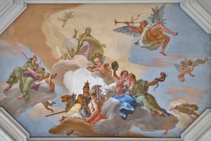 枢機卿の美徳の中に立つ名声によって発表された栄光の勝利 作： Giovanni Battista Tiepolo