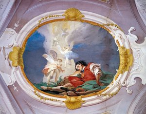 ジャンバッティスタ・ティエポロ（1696-1770）のアレゴリー、ウディネの大司教館のフレスコ画 作： Giovanni Battista Tiepolo