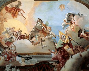 1758年、ロドヴィコ・レッツォーニコとヴェネツィアの貴族ファウスティーナ・サヴォルグナンの結婚のために作られた寓意画、ジャンバッティスタ・ティエポロ（1696-1770）作、フレスコ画、カ・レッツォーニコ宮殿、ヴェネツィア、イタリア 作： Giovanni Battista Tiepolo