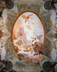 ジャンバッティスタ・ティエポロ（1696-1770）による「高貴さと美徳を伴う功徳のアレゴリー」。イタリア、ヴェネツィア、カ・レッツォーニコ宮殿、玉座の間の天井 作： Giovanni Battista Tiepolo