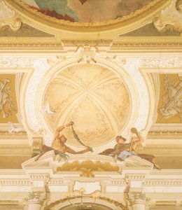 ジャンバッティスタ・ティエポロ（1696-1770）によるヴェネツィア、ストラ、ヴィラ・ピサーニの舞踏室の天井のフレスコ画の詳細